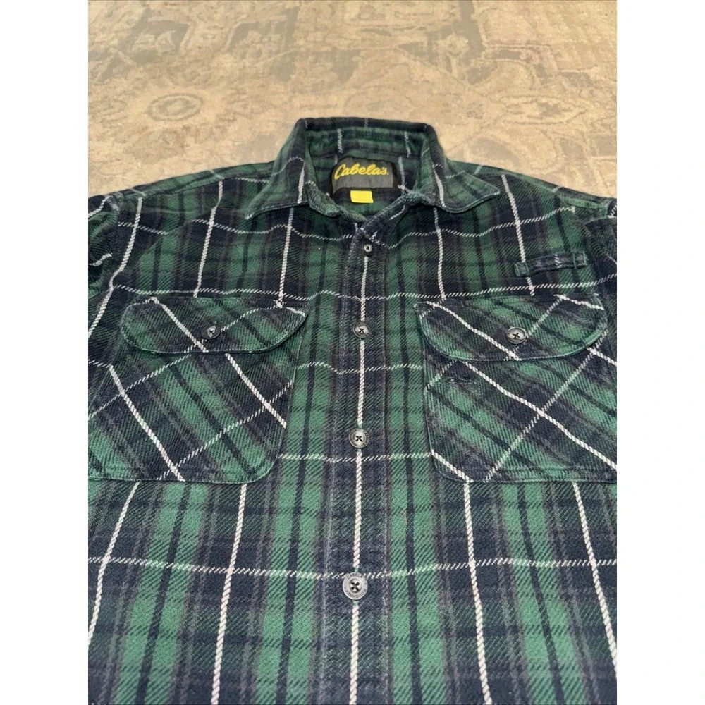Cabelas Fleece Heavy Plaid Button Down Shirt Men Sz Large Green Black Pen Holder